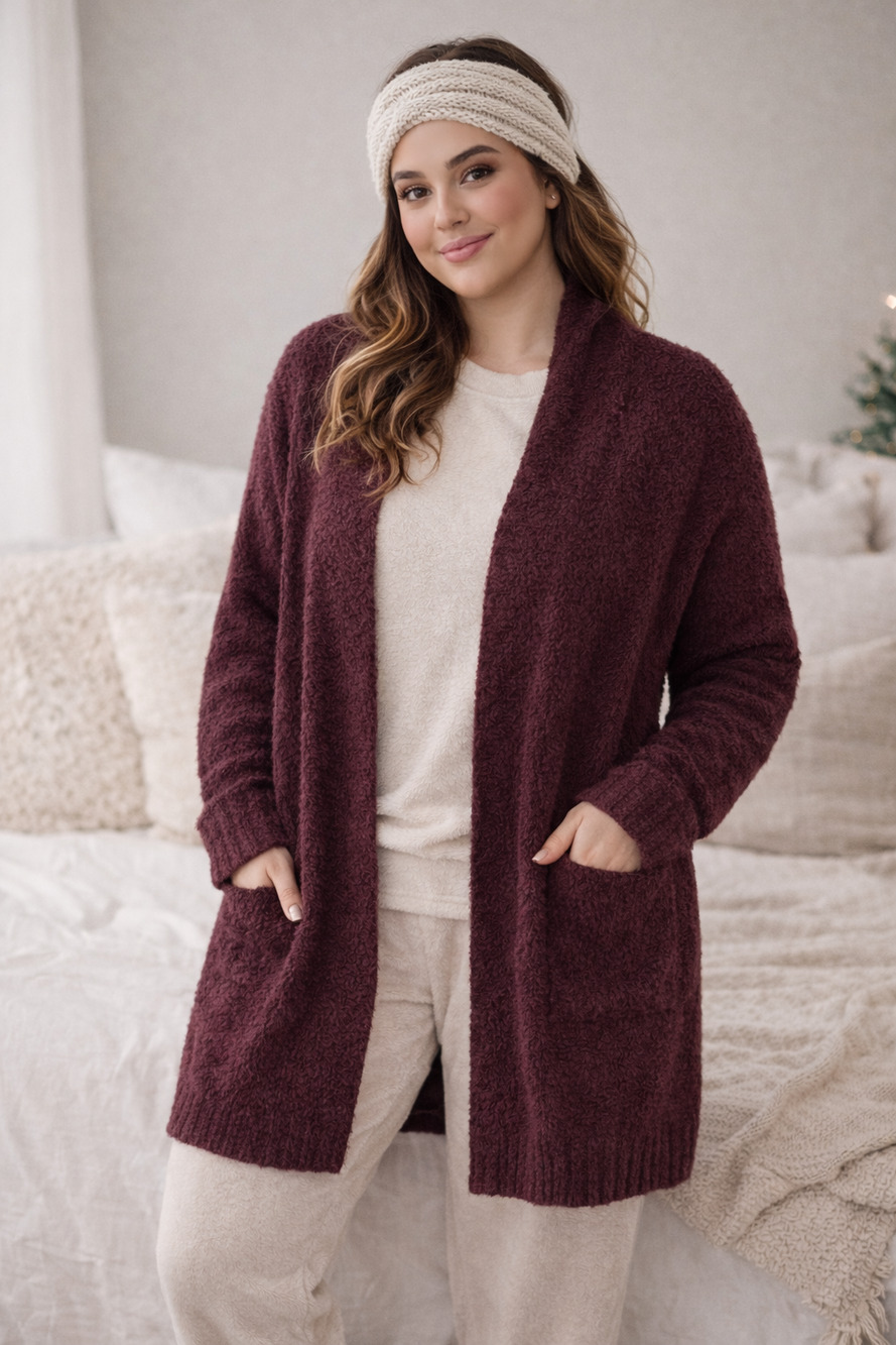 Barefoot Dreams CozyChic Ribbed Cardigan Aubergine Purple Small